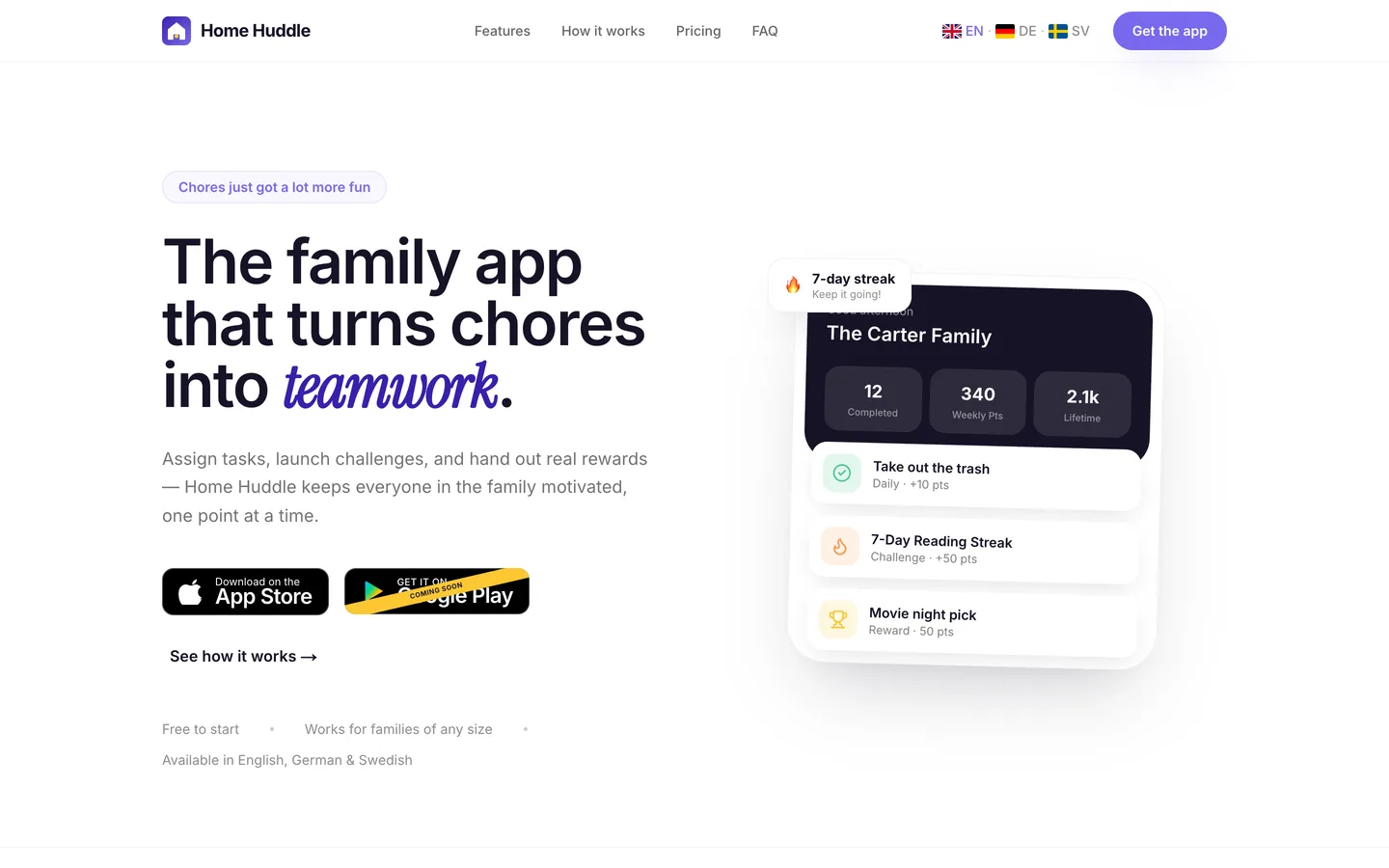 Home Huddle website — The family app that turns chores into teamwork.